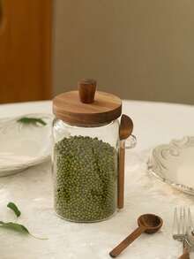 1pc Coffee Bean Storage Jar, Glass Jar With Wooden Lid, Moisture-Proof Spice Jar, Kitchen Dry Goods Storage Container - Multicolor - View 4