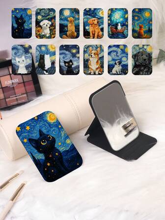 1 Peça Espelho de Vaidade Portátil da Série Van Gogh, Dobrável, Ultra Fino, Espelho de Mão Conveniente, Couro PU Durável, Adequado para Múltiplos Cenários, Estilo de Pintura a Óleo em Desenho Cartoon de Noite Estrelada, Gatinho, Filhote de Cachorro, Estrutura de Dobragem Requintada, Confiável, à Prova de Choques, Fácil de Carregar, Tampa Reversível 180°, Multifuncional