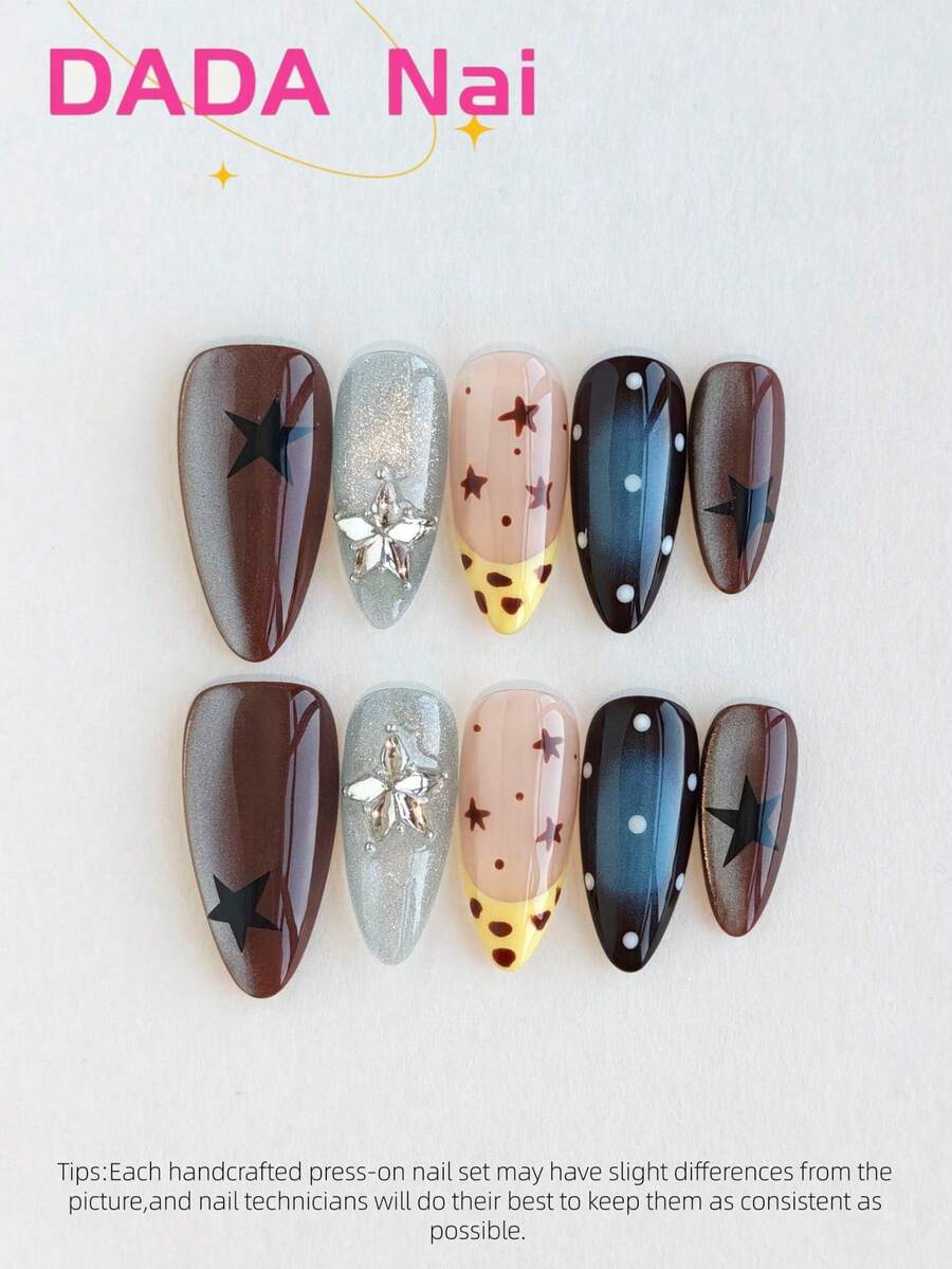 10片手工亚克力美甲贴片套装，美甲用品，中号杏仁形美甲贴片，中号按压式美甲贴片，多色星点装饰美甲贴片，亚克力美甲胶水，UV美甲胶水，派对美甲贴片，俏皮闪亮，手绘，假指甲，美甲套装，含美甲工具，适合女性和女孩 - 中号杏仁形，多色俏皮风格，星点装饰，闪亮派对美甲套装 - 彩色 - 查看 1