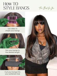 Peluca con flecos negros, peluca recta con capas y flequillo, peluca recta con capas y flequillo en degradado marrón lista para usar, mezcla de marrón, lista para usar, peluca sintética recta de 28 pulgadas de largo sin pegamento, sin pegamento, para uso diario - Resaltar marrón - Ver 5