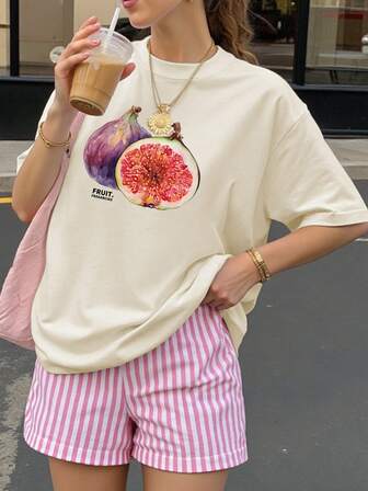 水果印花宽松女式短袖夏季连衣裙，适合春节、中国新年、马年、新年、情人节、情人节礼物、情人节送她的礼物等场合。