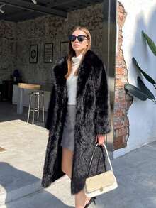 FHILLINUO 女士冬季外套 女士时尚黑色人造毛皮中长款外套 保暖长袖翻领常规袖外套 带口袋 无弹力面料 适合圣诞节、新年 - 黑色 - 查看 8