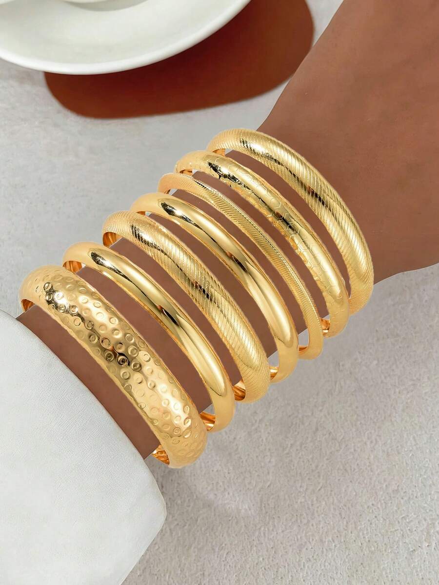7 Peças/Conjunto Pulseira de Metal Vintage Elegante com Textura Martelada e Floral, Conjunto de Pulseiras Minimalistas de Alta Qualidade para Camadas, Adequado para Casais, Festas, Feriados, Presentes, Uso Diário, Ano Novo - Ouro amarelo - Visão 1
