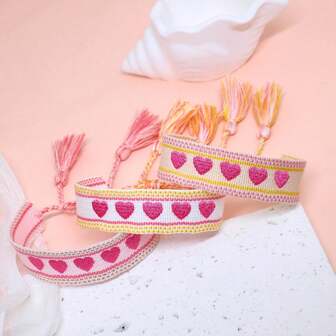 1 pieza Pulsera de corazón rosa hecha a mano a ganchillo, estilo bohemio vintage romántico, adecuada para vacaciones, bodas, regalos