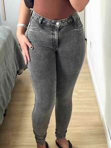 Women's Skinny Jeans, Light-Weared, High-Waisted, With Spandex, Lifts The Butt - Xám - Xem 2