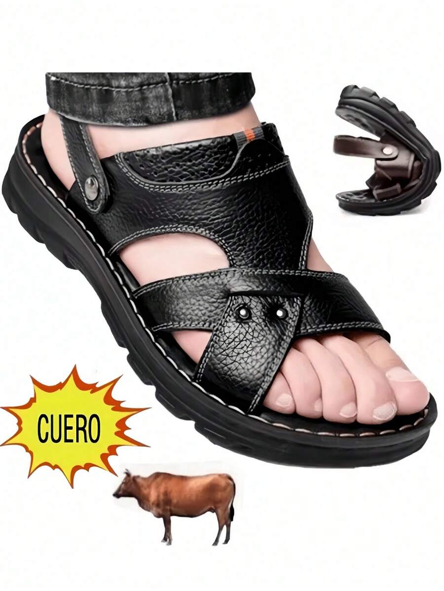 Sandalias De Piel Hombre Negras,deportivas al aire libre, antideslizantes, de suela blanda y con punta abierta, para conducir y playa