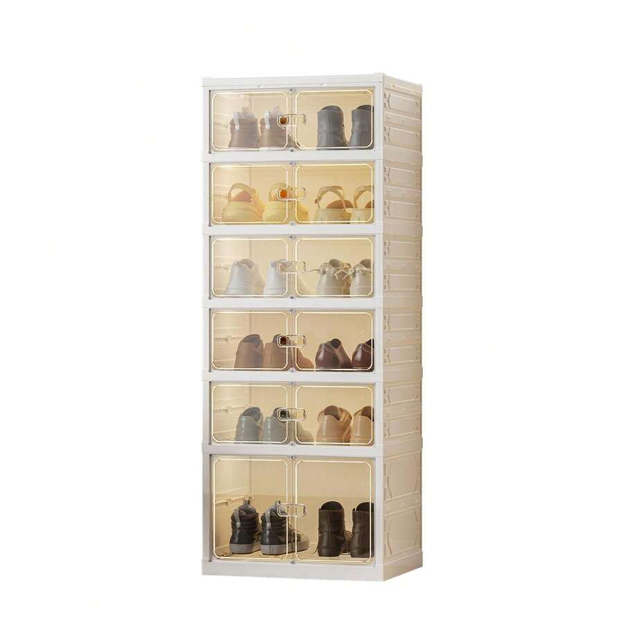 Huisuilinss Foldable Shoe Rack Organizer,Stackable Shoe Cabinet With Clear Doors,Collapsible Shoe Cabinet,Large Plastic Sneaker Cabinet For Hallway Entryway Living Room Closet,Easy Assembly No Tools - 6 capas - Ver 1