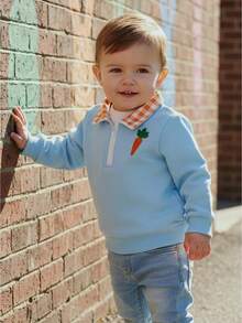 Toddler Boy Spring Sweatshirt Fashionable Carrot Embroidery Long Sleeve Turn Down Collar Pullover - Màu xanh nhạt - Xem 1