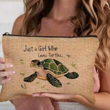 1pc Turtles Printed Makeup Bag, Modern Style Polyester Lightweight Travel Organizer Bag, Room Decor, Bags, Makeup Bag, Travel, Make Up Bag, Travel Essentials, Organizer, Storage, Travel Essential, Makeup Organizer, Makeup Bag, Toiletry Bag, - Olive Green - View 1