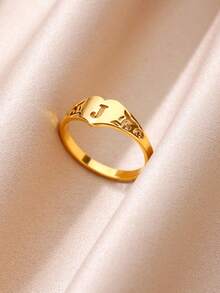 1枚复古风格字母心形戒指，男女通用，A-Z英文字母戒指，不锈钢戒指，金戒指，女士戒指，个性化珠宝时尚配饰，日常佩戴，周年纪念/生日/情人节礼物 - 金黃色 - 查看 6