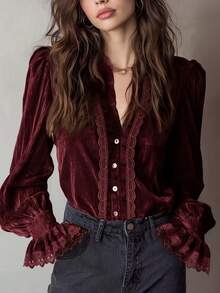 女士粉色丝绒衬衫，纯色蕾丝拼接女士衬衫，优雅百搭的日常上衣，适合所有季节的春季穿着 - 深酒紅 - 查看 7