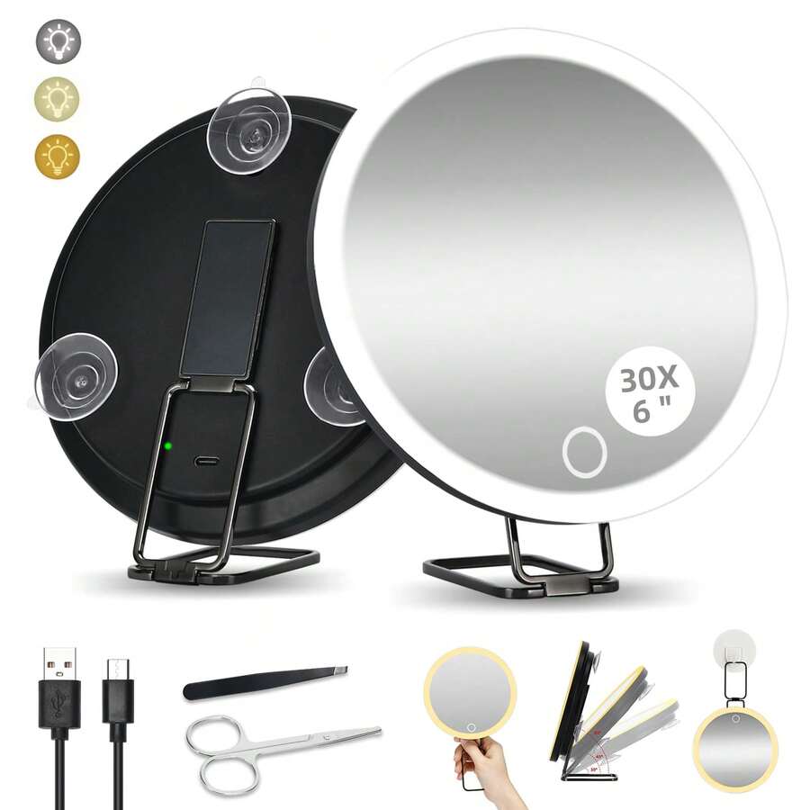 LED Lighted Magnifying Mirror, 10X 20X 30X Magnification, Black, Makeup Mirror With Magnifier, 6 Inch Handheld Compact Makeup Mirror With Light, Rechargeable 800mAh Battery, Best Gift For Men And Women