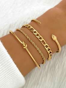 Stainless Steel Multi-Style Bracelet Set, Including Rope Knot, Cuban Link, Snake Chain And More, Vintage Texture Details, Layered Wear, Mix & Match, Non-Fading, Niche Women Accessories - Bracelet Set - View 1