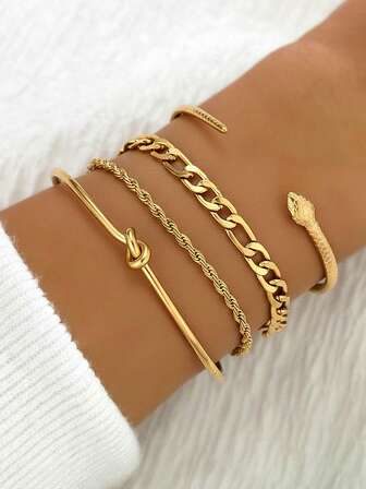 Armbandsset i rostfritt stål i flera stilar, inklusive repknut, kubansk länk, ormkedja med mera, vintagetexturdetaljer, lager på lager, mixa och matcha, bleknar inte, nischade accessoarer för kvinnor