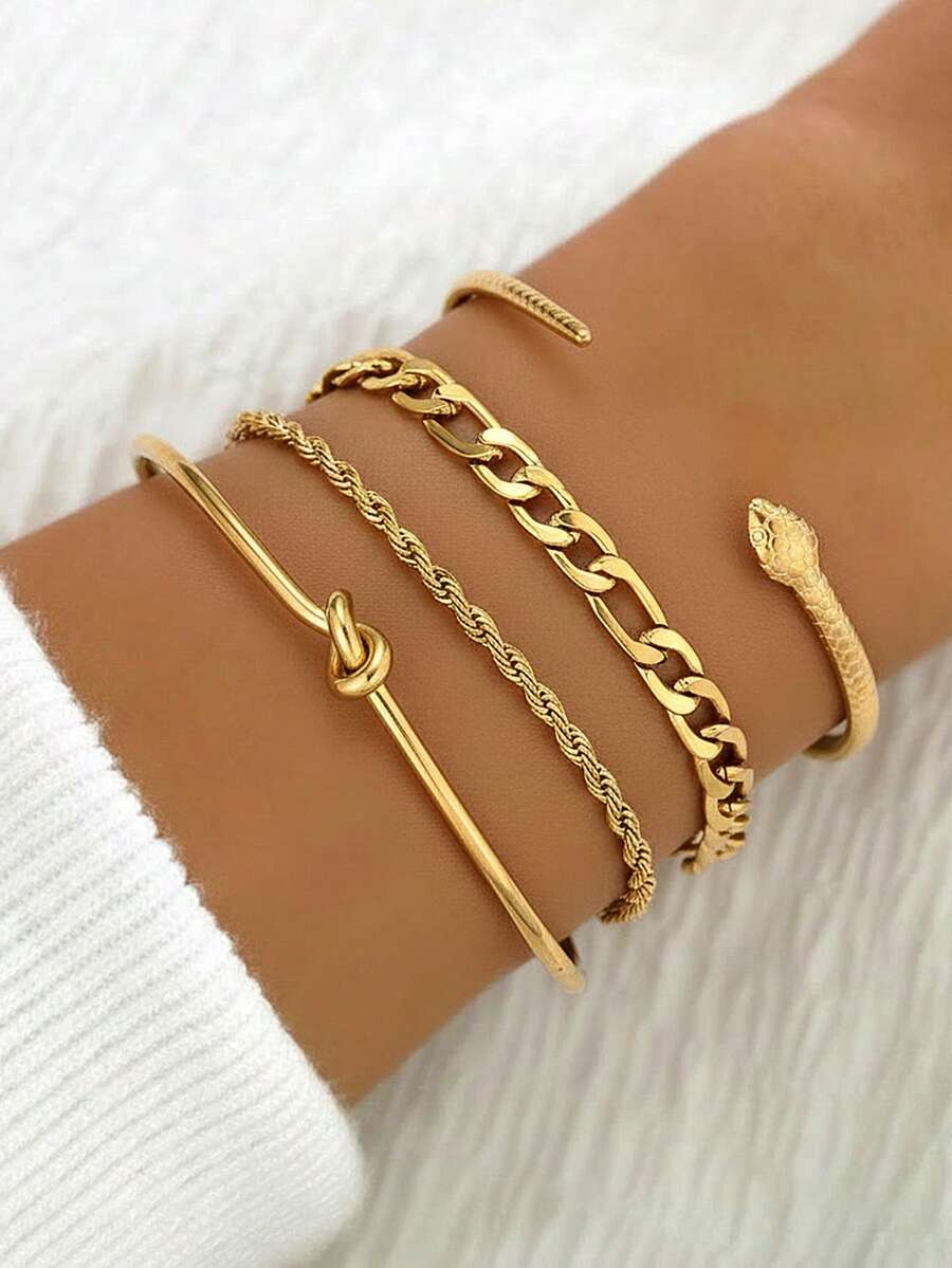 Stainless Steel Multi-Style Bracelet Set, Including Rope Knot, Cuban Link, Snake Chain And More, Vintage Texture Details, Layered Wear, Mix & Match, Non-Fading, Niche Women Accessories - Bracelet Set - View 1