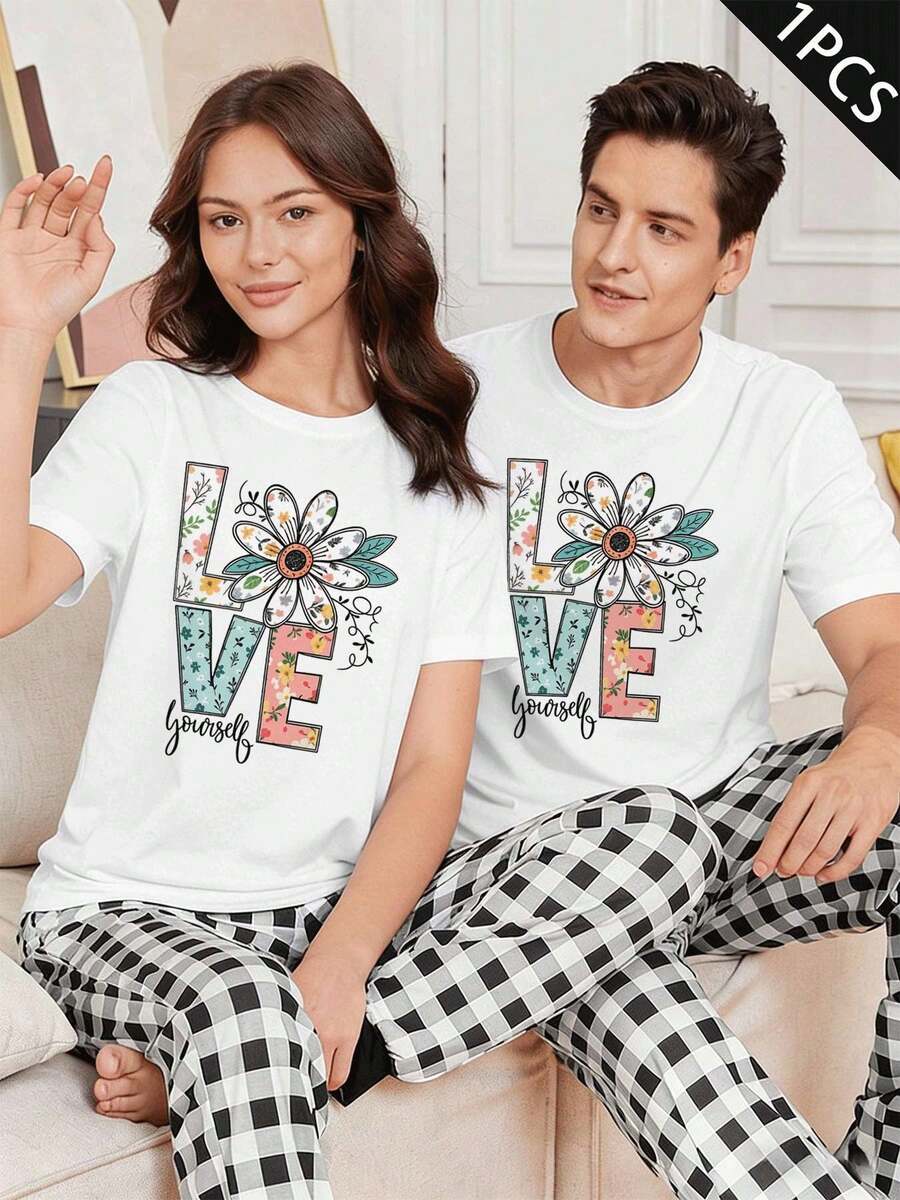 "Love Yourself"-T-Shirt aus hochwertigem Stoff, Rundhalsausschnitt, lockere Passform, bequem, auffälliger Print - Damen Weiß - 1 Stück - Übersicht 1