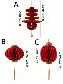 3pcs/Set Chinese New Year Decorations, Hanging 3D Honeycomb Lantern Decor Set, Red Paper Honeycomb Chinese Character Decor, Lunar New Year Decorations, New Year Gifts, New Year Party Decor, Home Decor, Room Decor, Wall Decor - Red - View 4