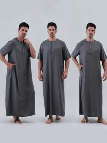 AL HARAMAIN Túnica y Dishdasha árabe para hombres, cómoda y holgada, de tela suave, diseño tradicional, adecuada para culto, lavable a mano o a máquina, regalo para la familia, para todas las estaciones, apropiada para el Ramadán y ocasiones religiosas formales | Diseño de cuello redondo | Textura suave - Gris Oscuro - Ver 1