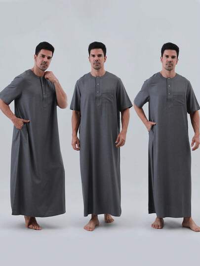 AL HARAMAIN Men's Arabic Thobe And Dishdasha Robe, Comfortable Loose Fit Long Robe, Soft Fabric, Traditional Robe, Suitable For Worship, Hand Or Machine Washable, Gift For Family, All Season, Suitable For Ramadan And Formal Religious Occasions | Round Neck Design | Smooth Texture