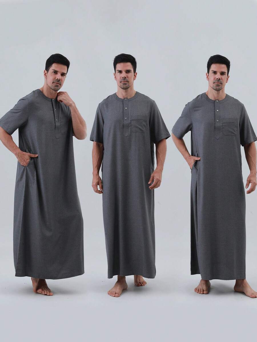 AL HARAMAIN Túnica y Dishdasha árabe para hombres, cómoda y holgada, de tela suave, diseño tradicional, adecuada para culto, lavable a mano o a máquina, regalo para la familia, para todas las estaciones, apropiada para el Ramadán y ocasiones religiosas formales | Diseño de cuello redondo | Textura suave - Gris Oscuro - Ver 1
