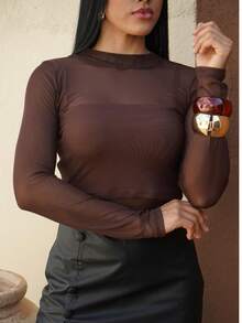 Simulated Collar Long-Sleeved Tulle Blouse Transparent Mesh No Bra Casual Fashion  /2026 - Nâu cà phê - Xem 2