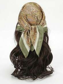 26.77 Inch Faux Silk Printed Square Scarf, 68cm Women's Fashion Breathable Multifunctional Headband Neckerchief Shawl Accessory, 1pc,Beach,Holiday - Green - View 3