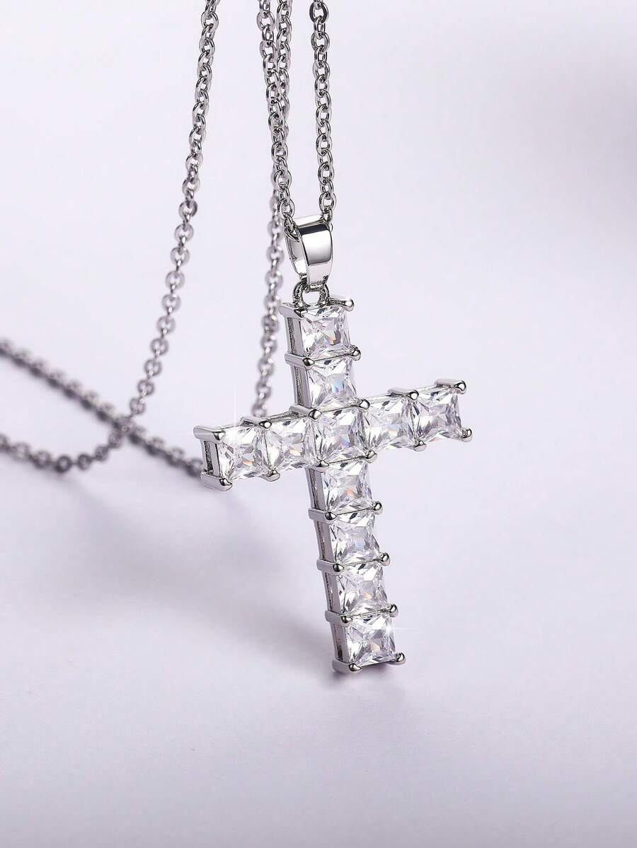 1pc Elegant Cubic Zirconia Cross Pendant Necklace, Gift For Women, Wedding Jewelry - Silver+White - View 1