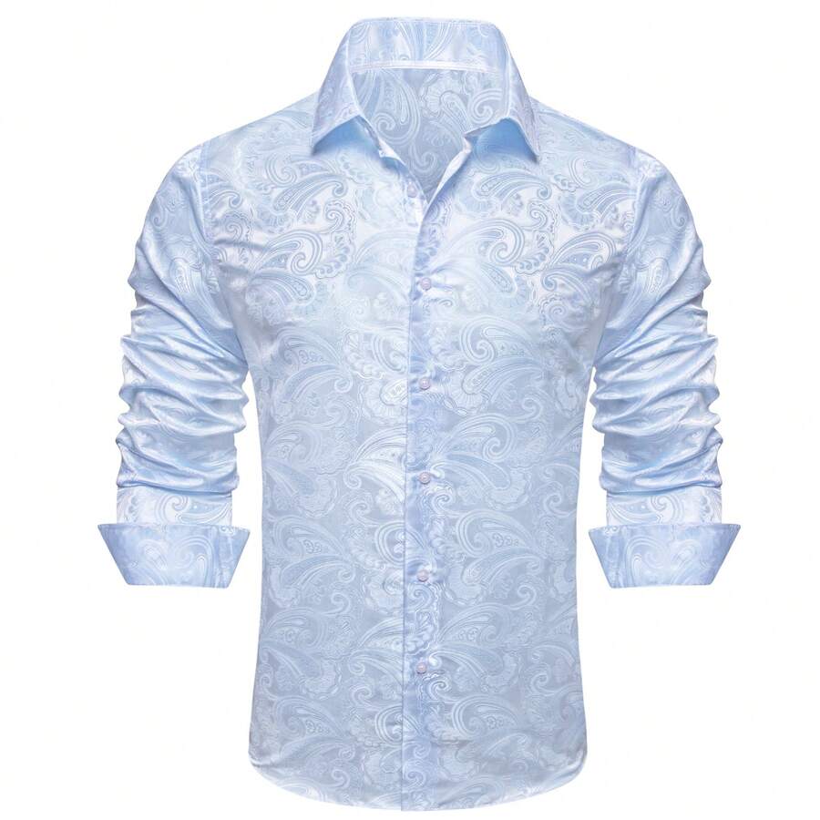 Mens Shirt Sky Blue Paisley Long Sleeve Shirts With One Pocket  Regular Fit Button Tops Wedding Formal Casual Office - Màu xanh nhạt - Xem 1