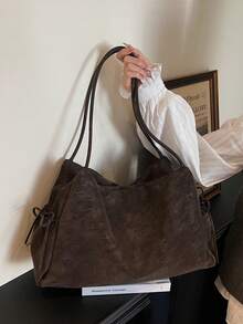 1 件复古优雅慵懒风大容量字母压纹工艺装饰仿麂皮单肩手提包，带抽绳细节，秋冬百款通勤女包，适合购物和通勤 - 咖啡 - 查看 4