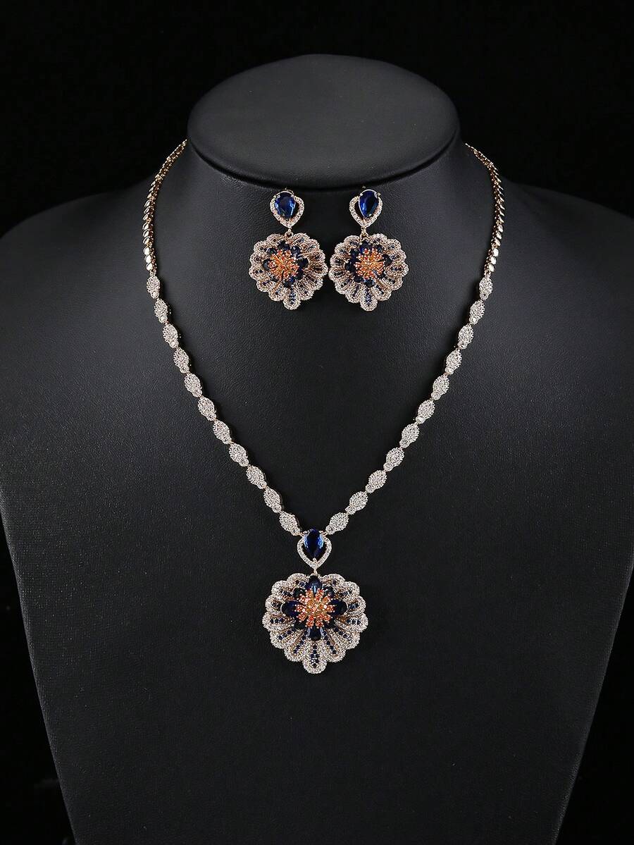 1 Set Of 3pcs Luxury Cubic Zirconia & Shell Shaped Pendant Necklace And Earrings Set, Suitable For Weddings, Parties, Etc. - Deluxe Suit - View 1