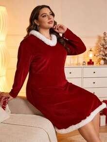 Robe rouge avec bordure en dentelle blanche moelleuse, robe élégante pour femme convenant pour le Nouvel An et Noël - Rouge - Voir 4