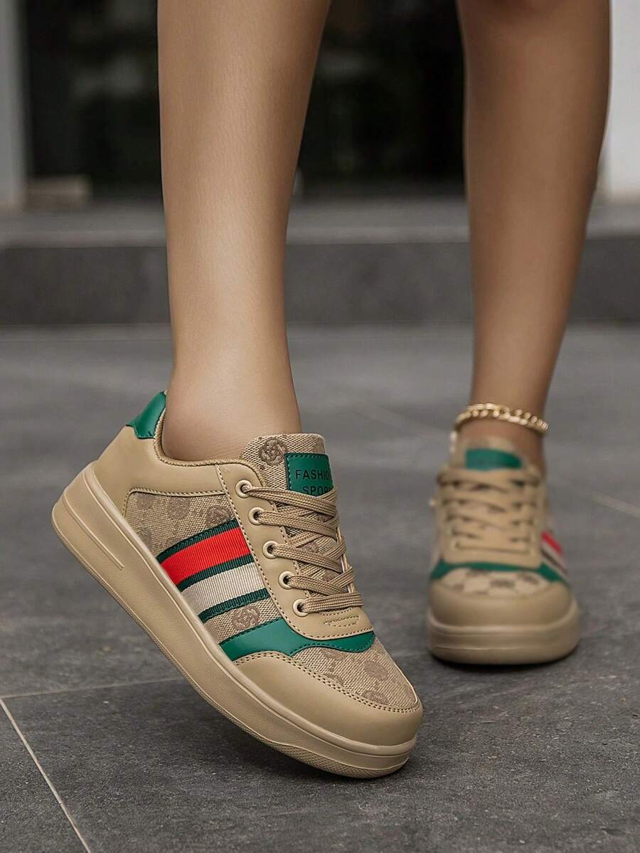 Women's Retro-Style Striped Color-Blocked Lace-Up Casual Skateboard Shoes, Random Printed Letter Patterns, Versatile And Comfortable Platform Sneakers With Added Height. - 杏色 - 查看 1