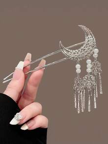 1pc Chinese Style Moon Tassel U-Shaped Hair Clip, Elegant Retro Bun Accessory, Suitable For Daily, Casual, Party, Work, Vacation, Makeup, Outfit Matching, Hair Styling Pins - Multicolor - View 1