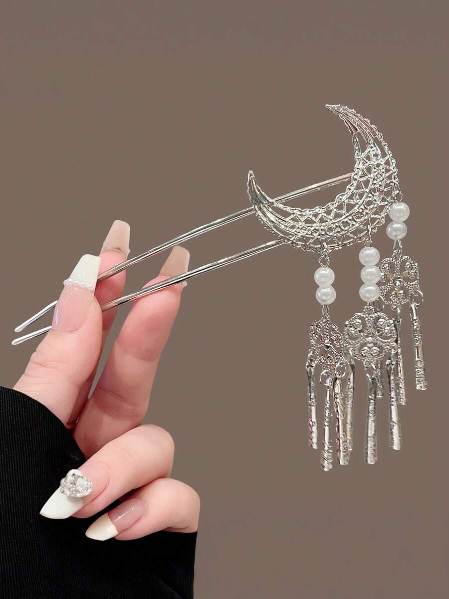 1pc Chinese Style Moon Tassel U-Shaped Hair Clip, Elegant Retro Bun Accessory, Suitable For Daily, Casual, Party, Work, Vacation, Makeup, Outfit Matching, Hair Styling Pins - Multicolor - View 1