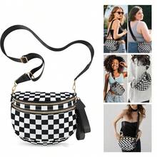 Checkered Crossbody Bag,Nylon Bum Bags For Women Crossbody,Spacious Sling Bag Purse Fanny Packs With Shoulder Strap - màu đen - Xem 1
