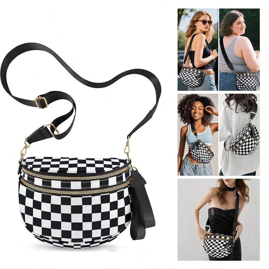 Checkered Crossbody Bag,Nylon Bum Bags For Women Crossbody,Spacious Sling Bag Purse Fanny Packs With Shoulder Strap - màu đen - Xem 1