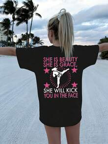 女童休闲印花圆领短袖T恤，夏季学生少女装 - 这款印有舞蹈图案的T恤为每个孩子带来欢乐！她美丽，她优雅！ - 黑色 - 查看 7