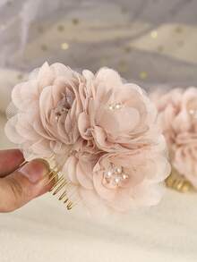 1/2pcs Bohemian Mesh Flower Hair Accessories, Wedding Bridal Headpiece, Party Adult Costume Decor, Romantic Valentine's Day Women Accessories, Combs - Pink - View 4