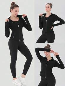 Women's Stand Up Collar Zipper Long Sleeved Thumb Hole Minimalist Fashion Sports Jacket Casual Sports Slim Zipper Pocket Jacket, Spring And Autumn Women's Clothing - 黑色 - 查看 7