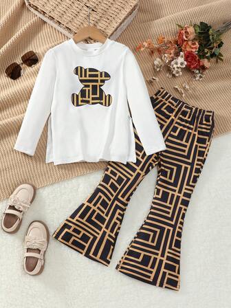 1 Set Suitable For Teenage Girls, Includes 1 Bear Print Casual Long Sleeve Sweatshirt And 1 Geometric Pattern Flare Pants