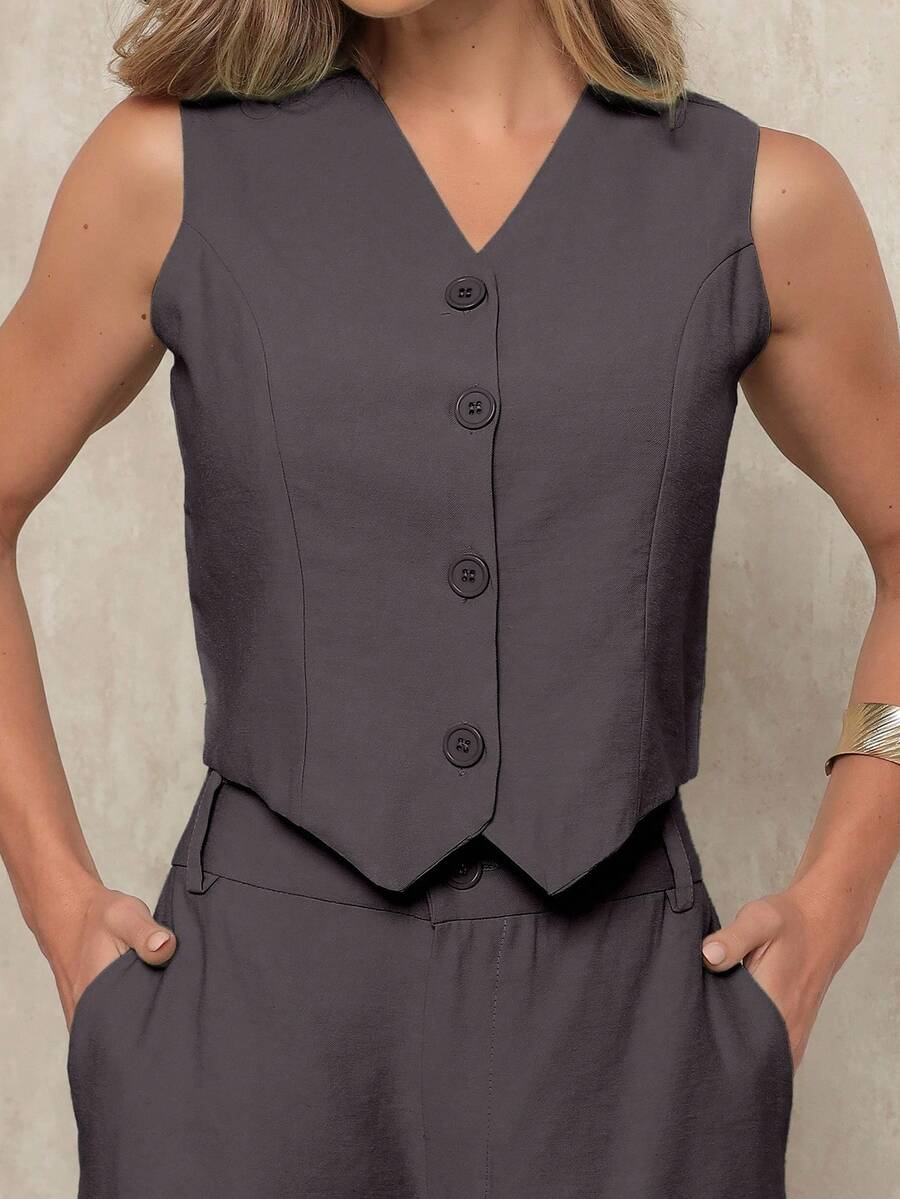 Women's Set With Dressy Vest, Tailored Straight Shorts, High Waist And Buttons – Elegant Casual Fashion - Xám - Xem 1