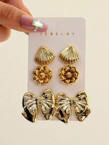 1 Pair - 9 Pairs Retro Gold Shell Bow Ear Ring Set Heart Flower Fashion Accessories Made Of High-Quality Lightweight Plastic, Suitable For Gifting To Girlfriend Or Wearing On Valentine's Day. - Gold - View 3