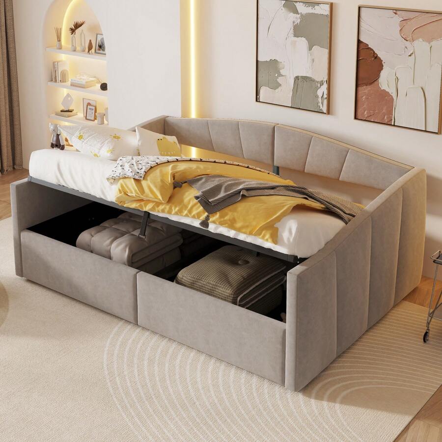 Upholstered Sofa Bed 140 X 200 Cm, Hydraulic Suspension, Slatted Base And Armrests, Classic Stripes, Modular Double Bed, Soft-Touch Velvet Upholstery, Light Grey - Light Gray + Velvet - View 1