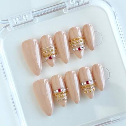 10 miếng dán móng tay hình hạnh nhân thủ công, màu nude, dụng cụ làm móng nghệ thuật, móng đỏ, móng vàng, phong cách ngọt ngào, móng tối giản, móng tự nhiên, dễ thương, móng giả, móng trang sức, móng kim loại, thích hợp cho các ngày lễ, tiệc tùng, kỷ niệm, sử dụng hàng ngày, bao gồm dụng cụ, món quà lý tưởng cho phụ nữ và bé gái.