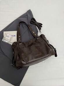 1件复古大容量手提包，复古PU单肩斜挎包，女士休闲托特包兼钱包 - 咖啡棕 - 查看 5