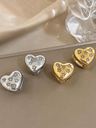 1 Pair Simple Heart-Shaped Ear Clips, Adorned With Sparkling Star-Shaped Rhinestones, Made Of 18K Gold-Plated Stainless Steel, Are An Ideal Choice For Gifts And Personal Accessories