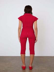 Women Capri Pants, Elastic Waist 3/4 Length Pants Plaid Cropped Pants For Casual Daily - 紅色 - 查看 4