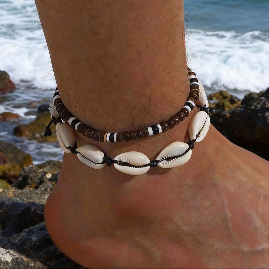 2 chiếc vòng chân phong cách Boho bãi biển làm từ vỏ sò và hạt gỗ, vòng chân thủ công có thể điều chỉnh kích thước với thiết kế vỏ sò, thích hợp cho kỳ nghỉ biển, trang sức chân thường ngày. - A - Xem 1