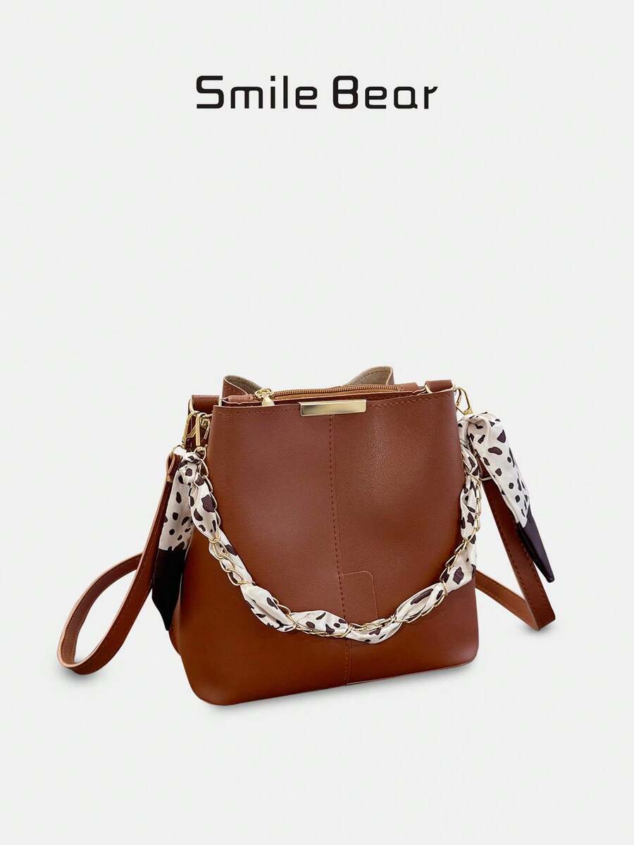 Women's PU Leather Bucket Bag With Chain Decor, Crossbody
