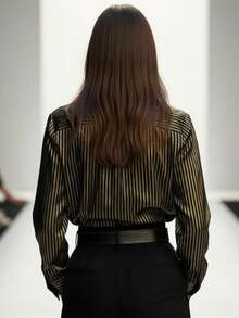 女士时尚休闲优雅撞色条纹金色纽扣翻领缎面印花衬衫，办公通勤日常穿着，春夏新款